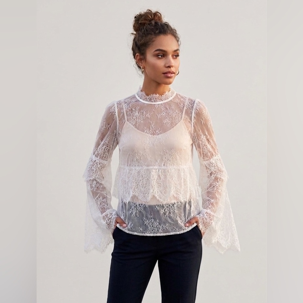 NWT BCBGMAXAZRIA Sz Medium BOHEMIAN SCALLOP LACE RUFFLE LONG‎ SLEEVEBLOUSE IVORY